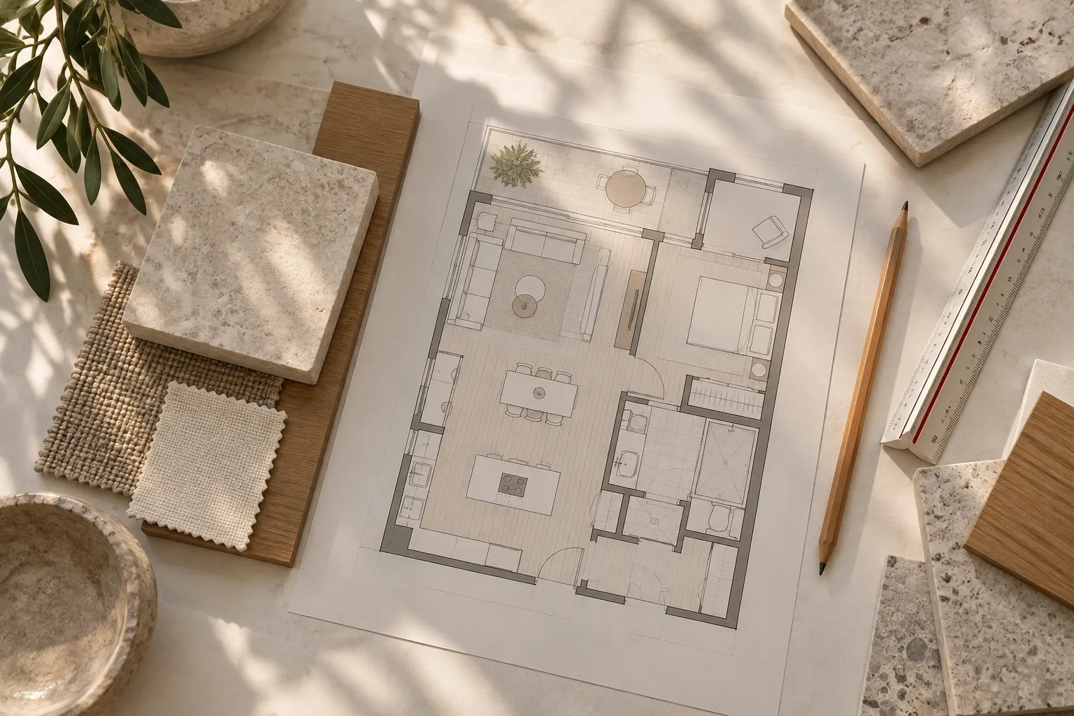 Plan de logement et échantillons de bois et pierre — illustration d’ambiance générée par IA
